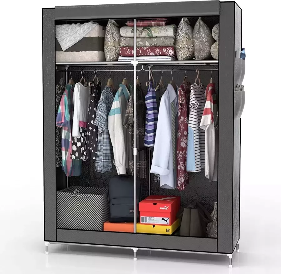 Intirilife Vouwkast 108x170x45 cm in asgrijs met ritssluiting stoffen kast kledingkast met kledingstang vakken en zijzak camping steekkast textiel garderobe - Foto 1