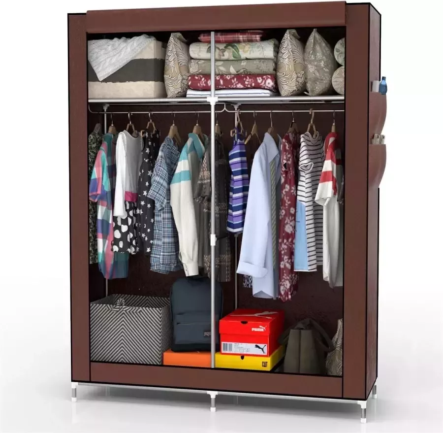 Intirilife inklapbare garderobekast 108x45x170 cm in BIBER BRUIN Vouwkast met ritssluiting van stof Garderobekast met kledingstang zijvak en vakken Campinggarderobekast textiel insteekkast