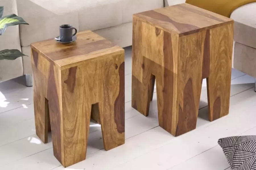 Invicta Interior Design bijzettafel set van 2 JUNGLE 35cm Sheesham massief houten salontafel met steenafwerking handgemaakt 42540