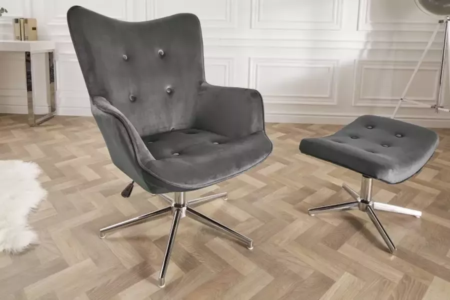 Invicta Interior Design fauteuil MR. LOUNGER grijs chroom fluweel in hoogte verstelbaar draaibaar retro 39511 - Foto 1