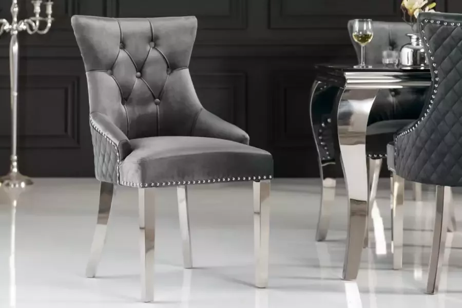 Invicta Interior Elegante stoel CASTLE DELUXE grijs fluwelen leeuwenkop Chesterfield design eetkamerstoel klinknagels 40471 - Foto 2