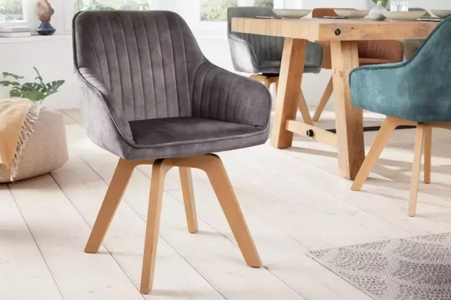Invicta Interior Draaibare design stoel LIVORNO grijs fluwelen beukenhouten poten met armleuningen 41309