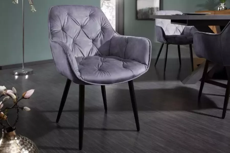 Invicta Interior Design stoel MILANO grijs fluweel met Chesterfield quilting 41177 - Foto 4
