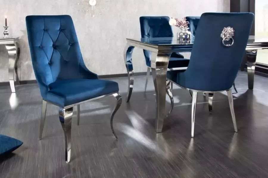 Invicta Interior Design stoel MODERN BAROK koningsblauw fluweel met zilveren leeuwenkop 41505