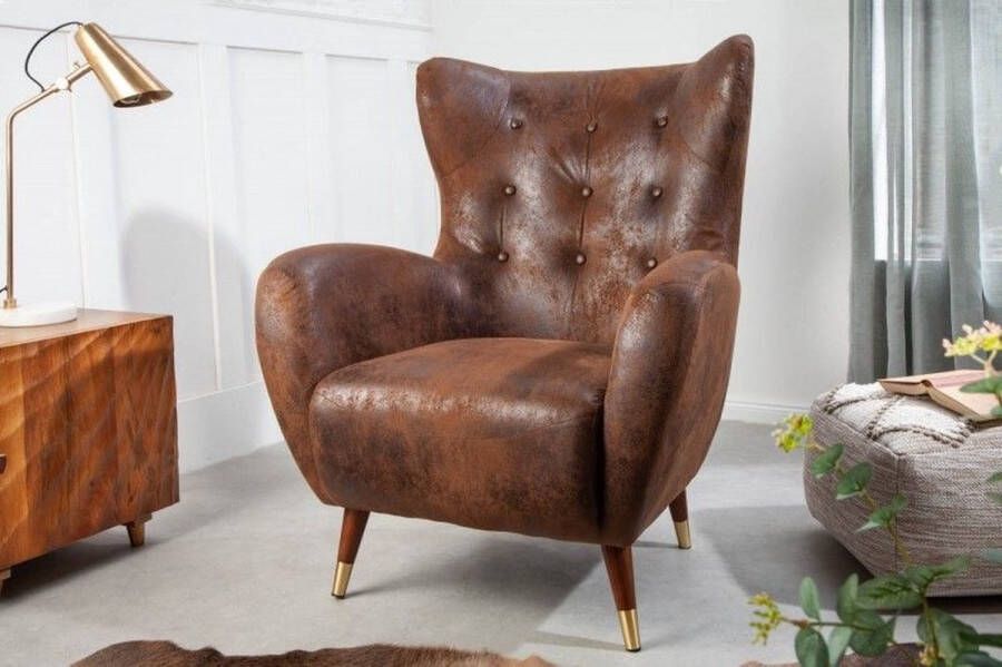 Invicta Interior Retro design fauteuil DON antiek bruin met veerkern gouden voetdoppen 40982