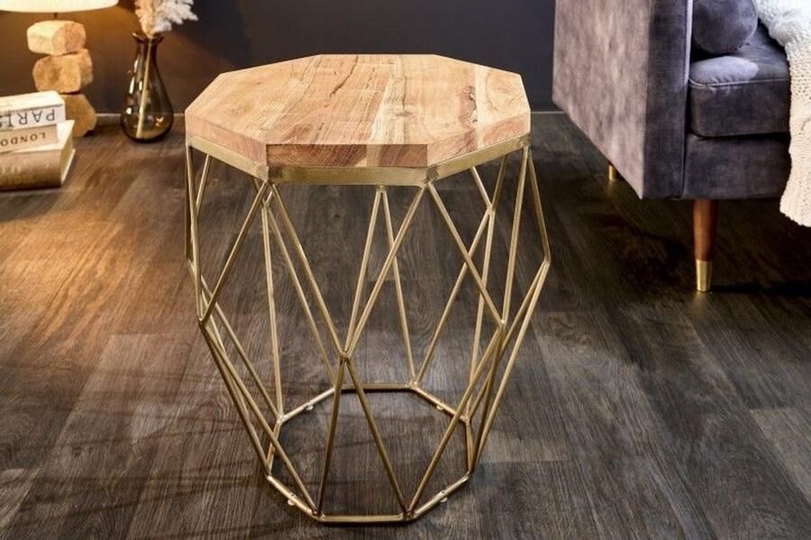 Invicta Interior Abstracte bijzettafel DIAMOND 50 cm natuurlijk acacia massief hout messing metalen frame 41855