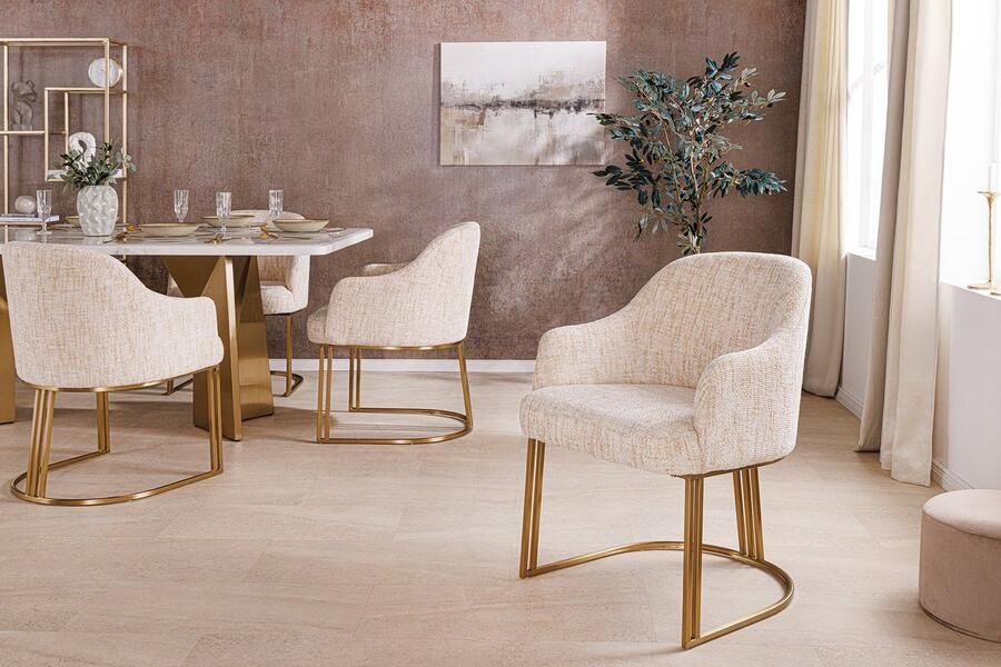 Invicta Interior Armleuningen Stoel EXTRAVAGANCIA beige chenille stof geborsteld champagne goud metaal 45927