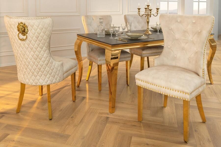 Invicta Interior Barokke stoel CASTLE DELUXE beige fluweel goud roestvrij staal met leeuwenkop decoratieve klinknagels 46148