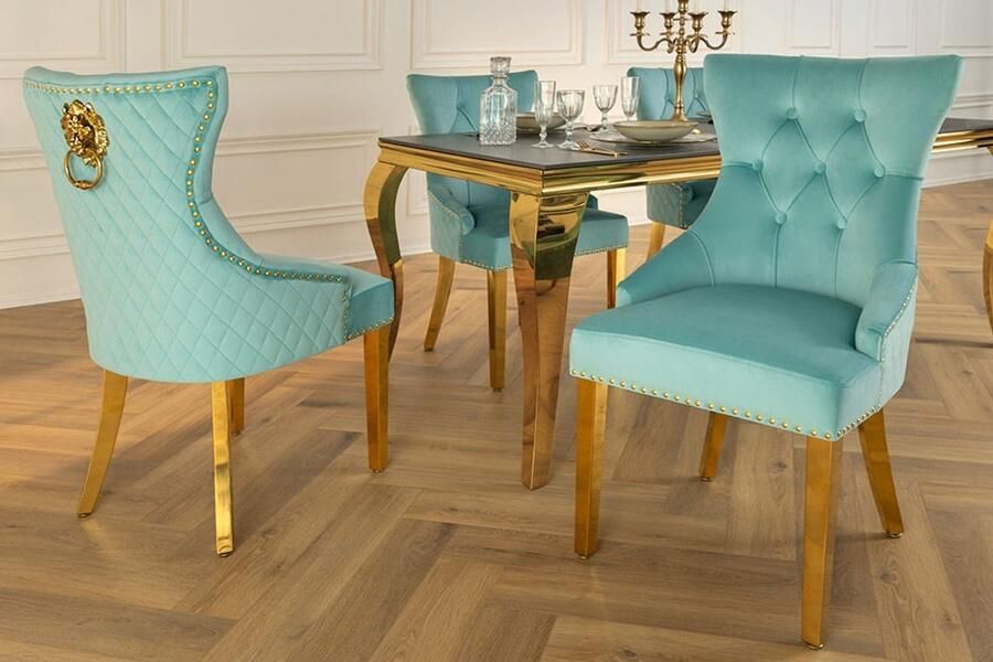 Invicta Interior Barokke stoel CASTLE DELUXE blauw fluweel goud RVS met leeuwenkop Chesterfield 45845