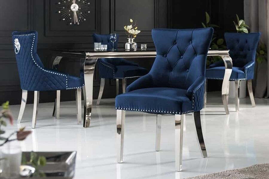 Invicta Interior Barokstoel Majestic Elegance DELUXE koningsblauw fluweel leeuwenkop Chesterfield design eetkamerstoel klinknagels - Foto 3