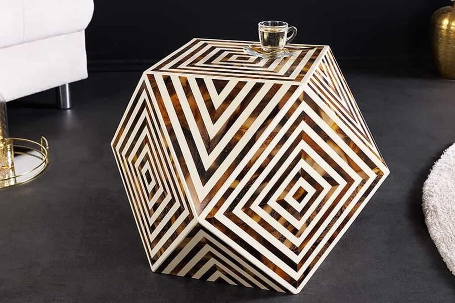 Invicta Interior Been Inleg Bijzettafel HARMONY NATURE 60cm Bruin Wit Ingelegd Arts & Crafts 43662