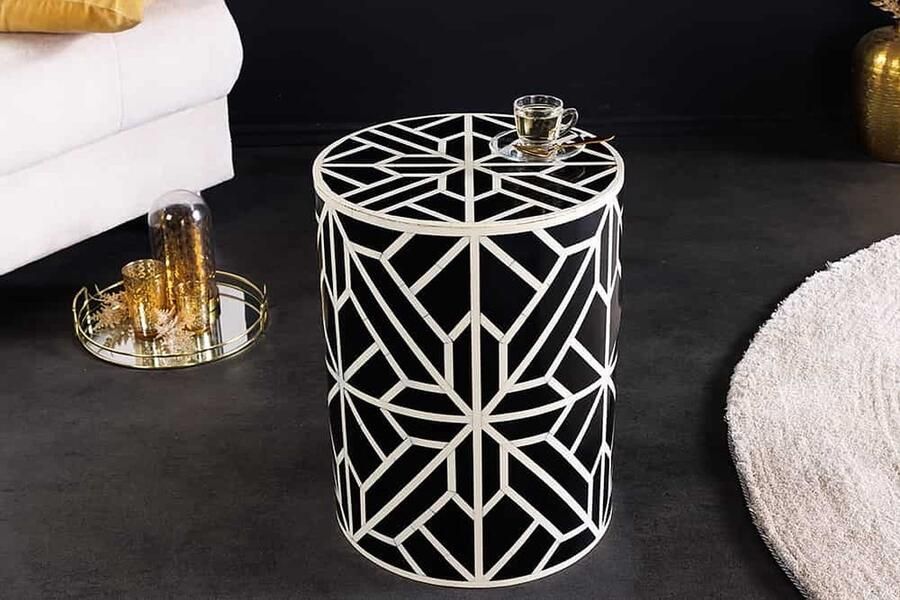 Invicta Interior Bijzettafel met beeninleg HARMONY NATURE 45cm rond zwart wit intarsia handwerk 43661 - Foto 2