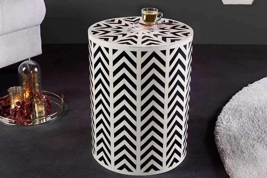 Invicta Interior Bone Inleg Bijzettafel HARMONY NATURE 45cm Rond Wit Zwart Ingelegd Arts & Crafts 43660