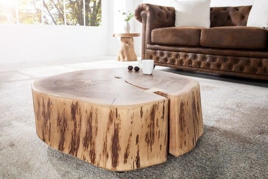 Invicta Interior Boomstam salontafel GOA 60cm naturel acacia massief hout rond met zwenkwielen uniek 36793