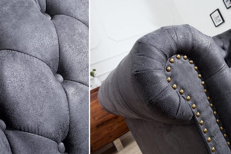 Invicta Interior Chesterfield 2-zitsbank 150 cm antiek grijs microvezel stiksels met veerknopen 37390 - Foto 2