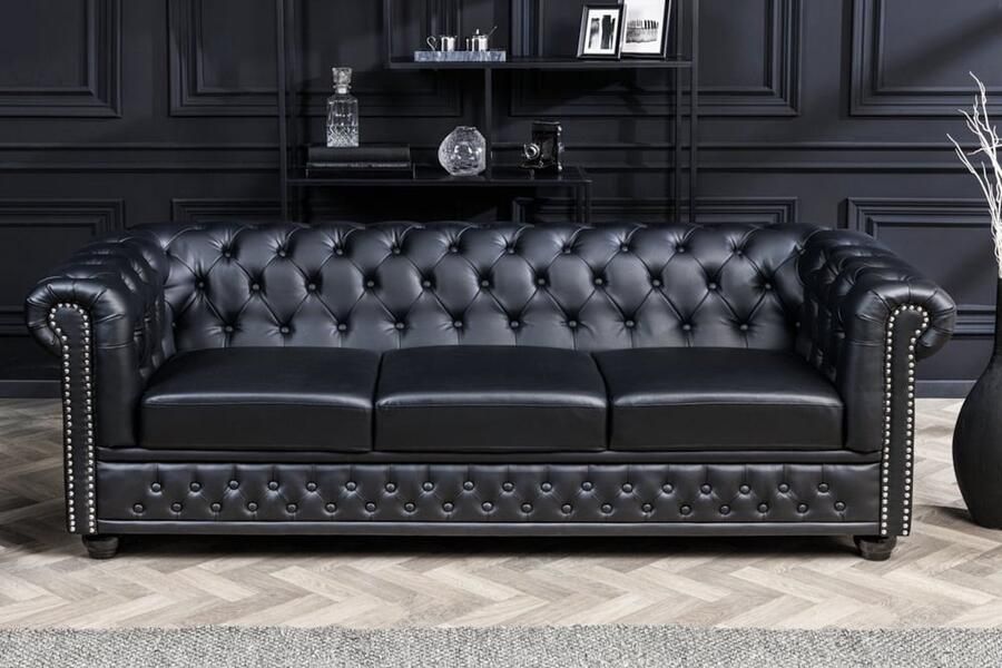 Invicta Interior Chesterfield 3-zits bank 205cm zwart kunstleer bezaaid met veerkern 41447 - Foto 2