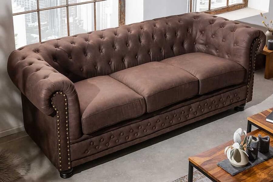 Invicta Interior Chesterfield 3-zitsbank 200cm vintage bruin 3-zits met knoopstiksel en veerkern 40652