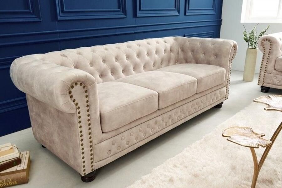 Invicta Interior Chesterfield 3-zitsbank Royalty 200cm fluweel champagne 3-zits met knoopstiksel en veerkern