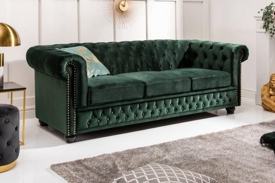 Invicta Interior Chesterfield 3-zitsbank 205cm flesgroen fluweel met knoopstiksel en veerkern 40483