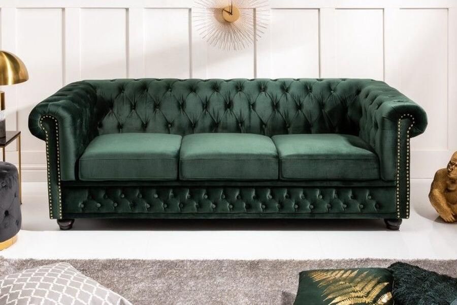 Invicta Interior Chesterfield 3-zitsbank 205cm flesgroen fluweel met knoopstiksel en veerkern 40483