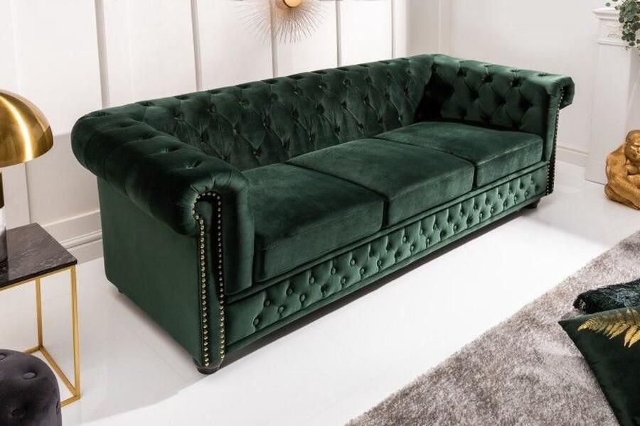 Invicta Interior Chesterfield 3-zitsbank 205cm flesgroen fluweel met knoopstiksel en veerkern 40483 - Foto 2