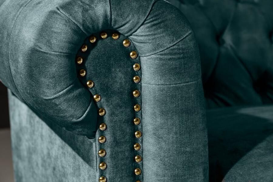 Invicta Interior Chesterfield 3-zitsbank 205cm petrol fluweel gouden klinknagels loungebank met veerkern 43091 - Foto 2