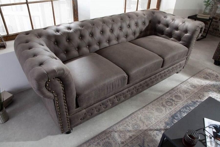 Invicta Interior Chesterfield 3-zitsbank 205cm vintage grijs taupe microvezel binnenvering knoopstiksels 40517