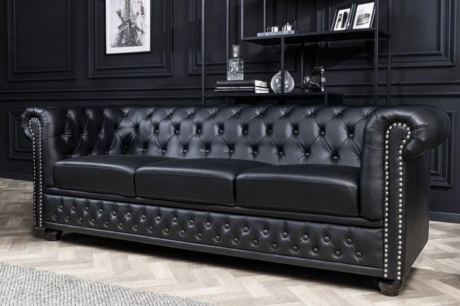 Invicta Interior Chesterfield 3-zitsbank 205cm zwart kunstleer klinknagels veerkern 41447