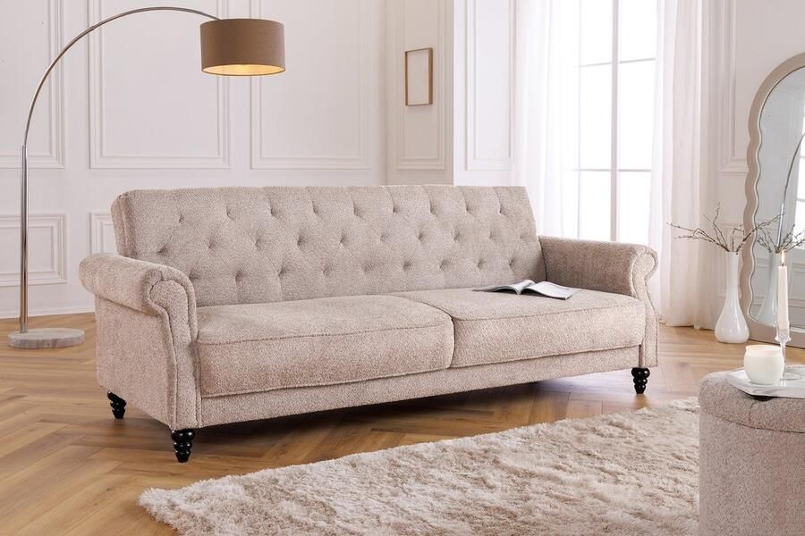 Invicta Interior Chesterfield 3-zitsbank MAISON BELLE AFFAIRE 220cm greige bouclé met slaapfunctie 44236