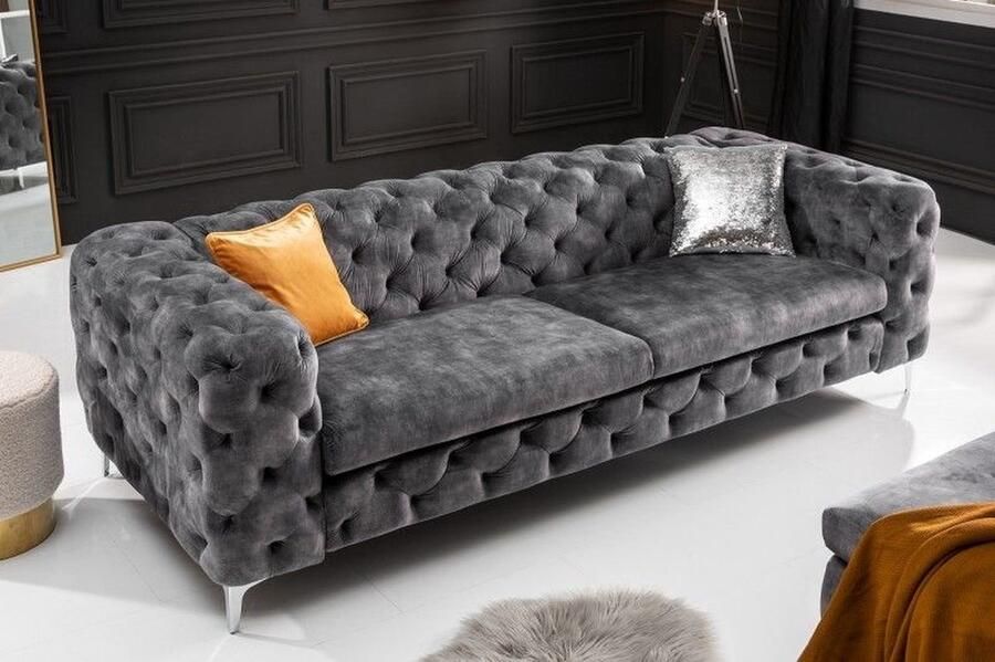 Invicta Interior Chesterfield 3-zitsbank MODERN BAROK 235cm donkergrijs fluwelen binnenvering zilver metalen poten 41134
