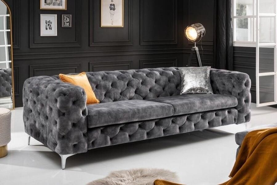 Invicta Interior Chesterfield 3-zitsbank MODERN BAROK 235cm donkergrijs fluwelen binnenvering zilver metalen poten 41134