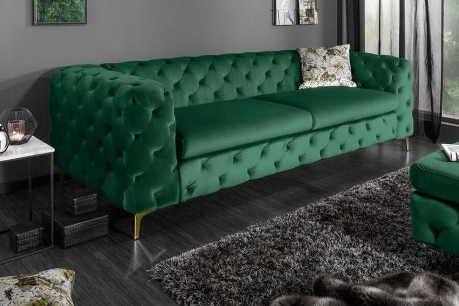 Invicta Interior Chesterfield 3-zitsbank MODERN BAROK 235cm smaragdgroen fluweel 3-zits 39312