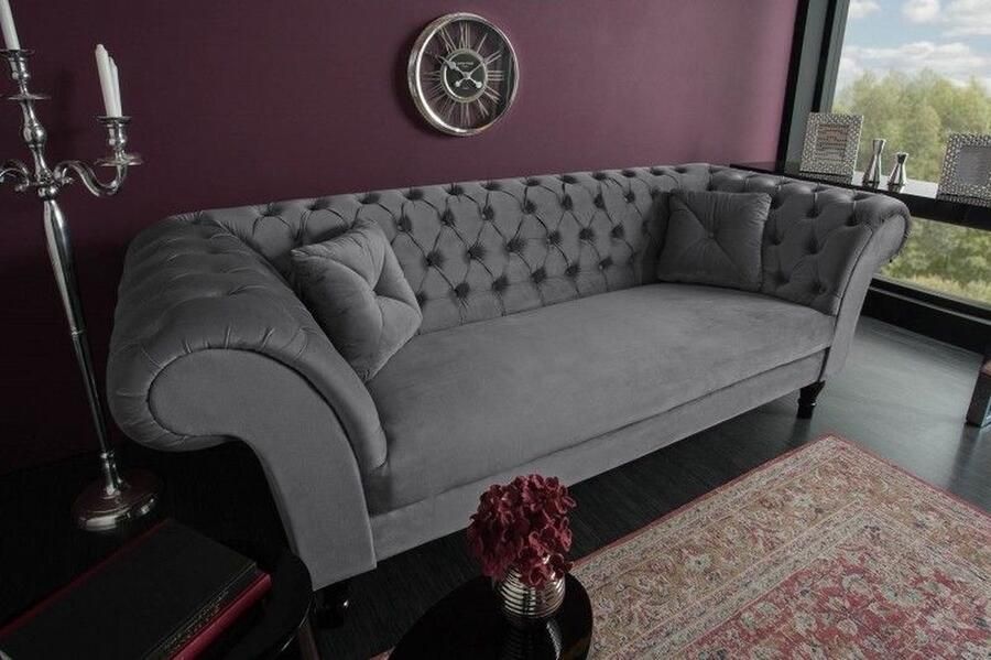Invicta Interior Chesterfield Design 3-zits loungebank PARIS 225cm zilvergrijs fluweel 3-zits inclusief kussens 40148