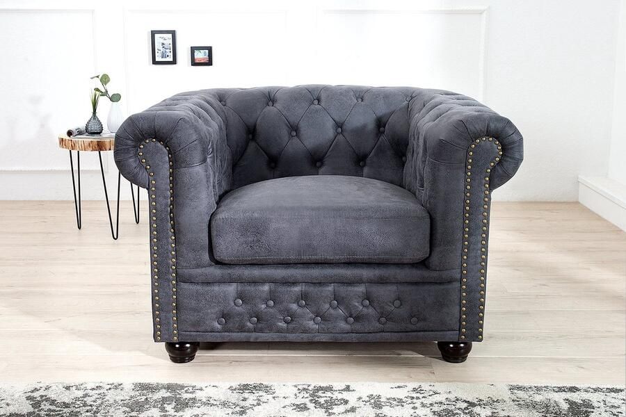 Invicta Interior Chesterfield Fauteuil 105cm antiek grijs met knoopstiksels en veerkern 37389