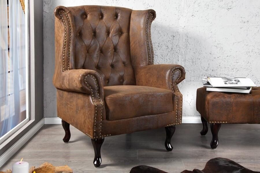 Invicta Interior Chesterfield fauteuil 85cm antiek bruin met knoopstiksel en veerkern 19448