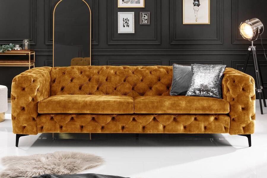 Invicta Interior Chesterfield Sofa MODERN BAROK 235cm mosterdgeel fluweel 3-zits bank spring core 44392 - Foto 2
