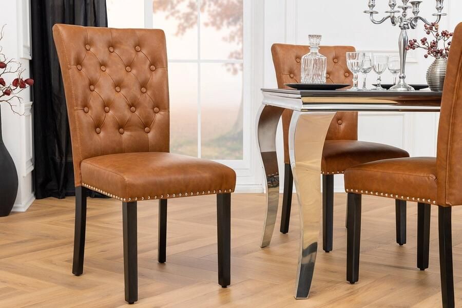 Invicta Interior Chesterfield Stoel CASTLE Bruin Kunstleer Zwart Rubber Hout Decoratieve Klinknagels 44589