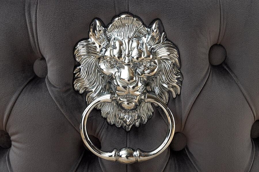 Invicta Interior Chesterfield Stoel CASTLE DELUXE Grijs Fluweel met Leeuwenkoppen 45732