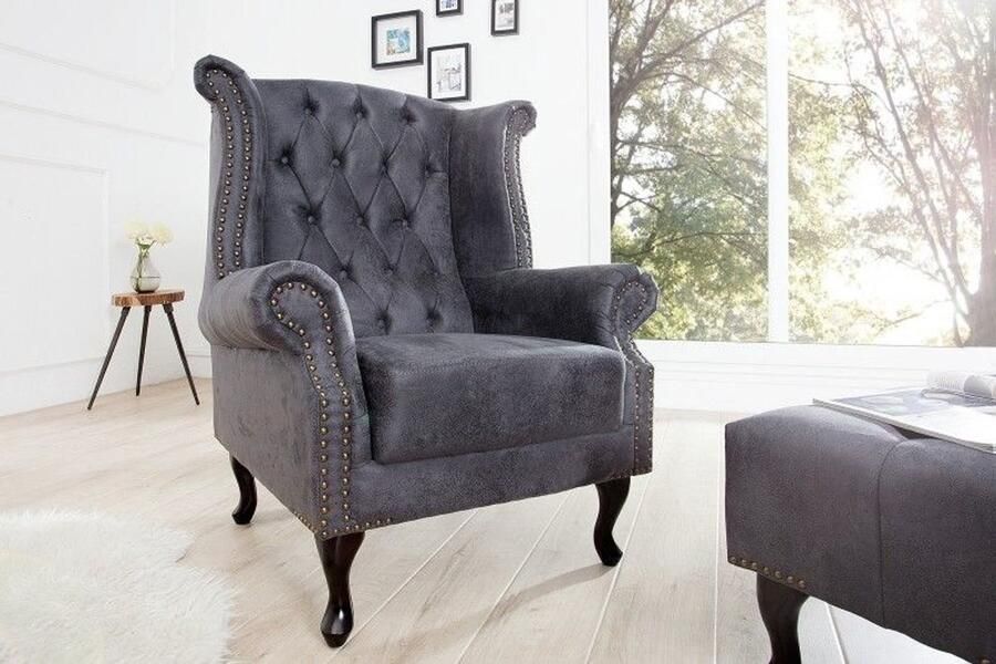 Invicta Interior Chesterfield vleugelfauteuil antiekgrijs met knoopstiksel en veerkern 37473
