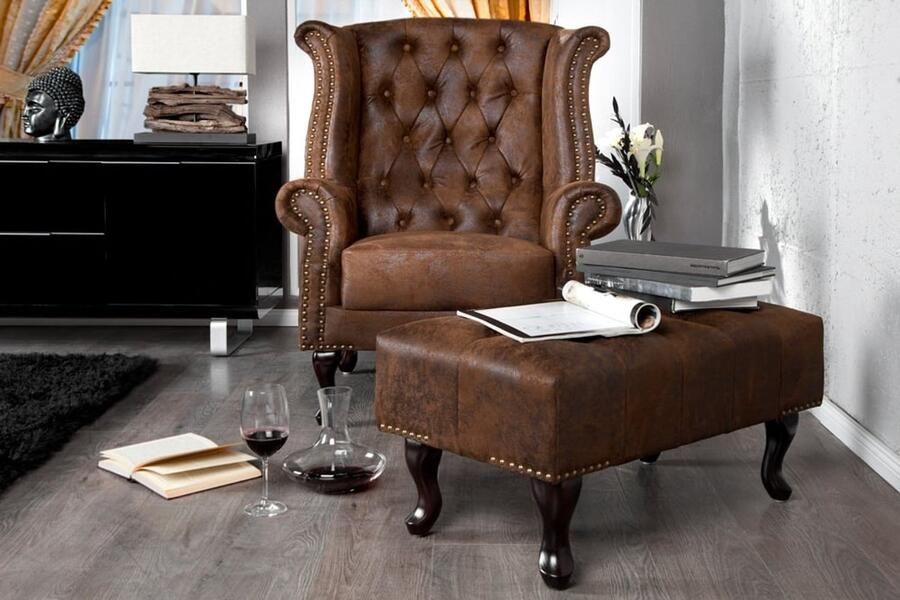 Invicta Interior Chesterfield voetenbank 80cm antiek bruin met knoopstiksels en klinknagels 19449 - Foto 3