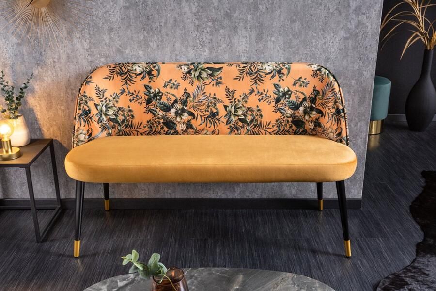 Invicta Interior Design bank PRÊT-À-PORTER geel fluweel bloemmotief en gouden voetdoppen 41705