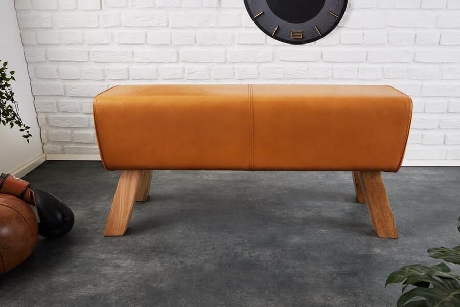 Invicta Interior Design bank TURNBOCK 100cm cognac echt lederen mangohouten retro kruk 42698 - Foto 3