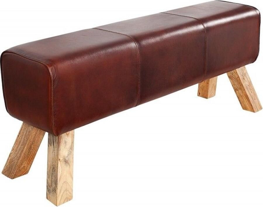 Invicta Interior Design Bank TURNBOCK 100cm koffie Echt Leer Mango Hout Retro Ottoman 39142