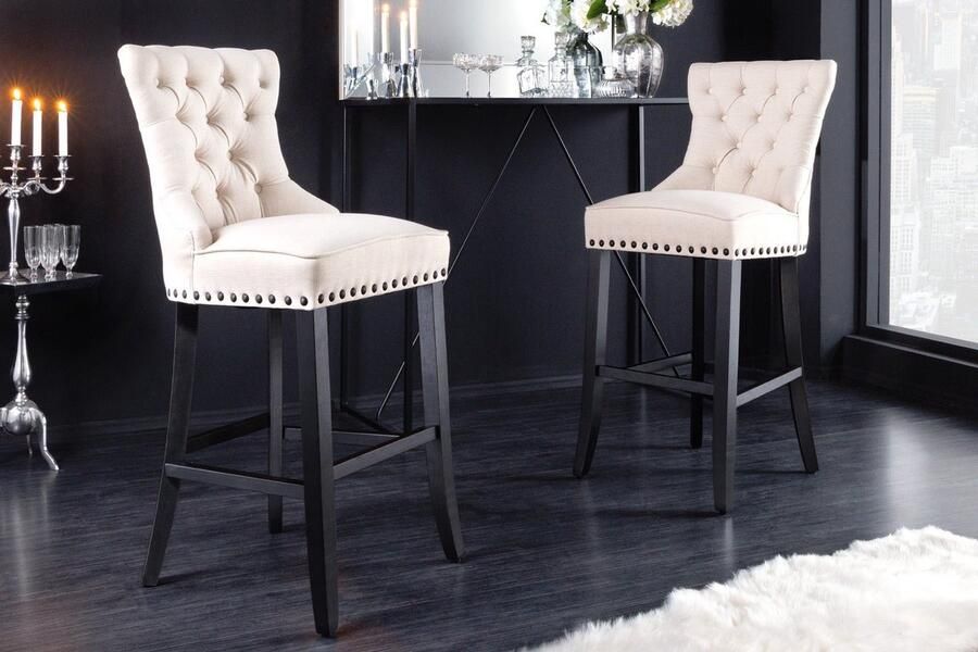 Invicta Interior Design barkruk CASTLE beige zwart structuurstof met rugleuning hout Chesterfield 43217