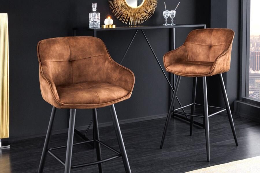 Invicta Interior Design barkruk EUPHORIA bruin fluweel zwart metalen poten barstoel met rugleuning 43689 - Foto 2