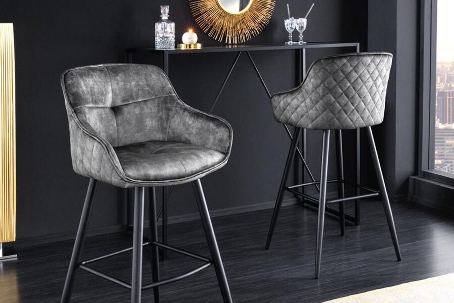 Invicta Interior Design barkruk EUPHORIA grijs fluweel zwart metalen poten barstoel met rugleuning 43690