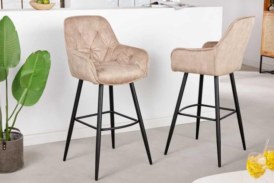 Invicta Interior Design barkruk Velour Splendour champagne fluwelen barstoel met Chesterfield quilting