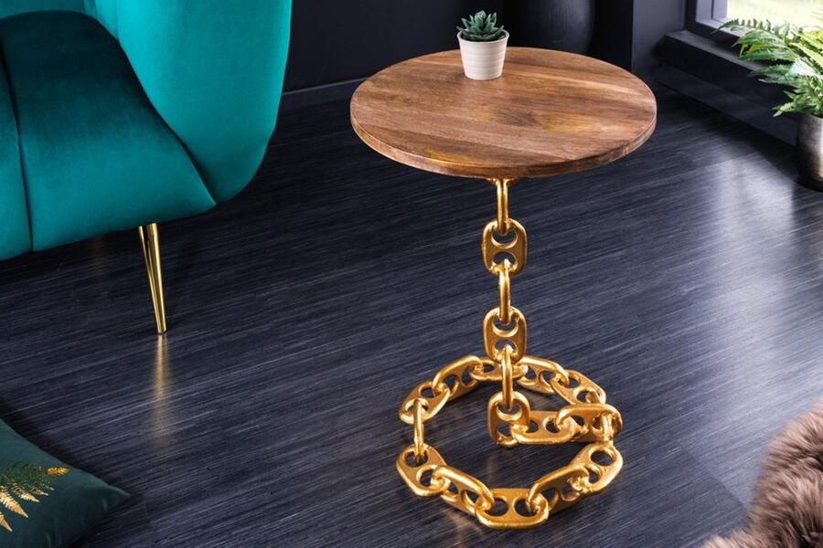 Invicta Interior Design bijzettafel CHAINS 40cm goud mangohout handgemaakt metalen rond kettingframe 42233