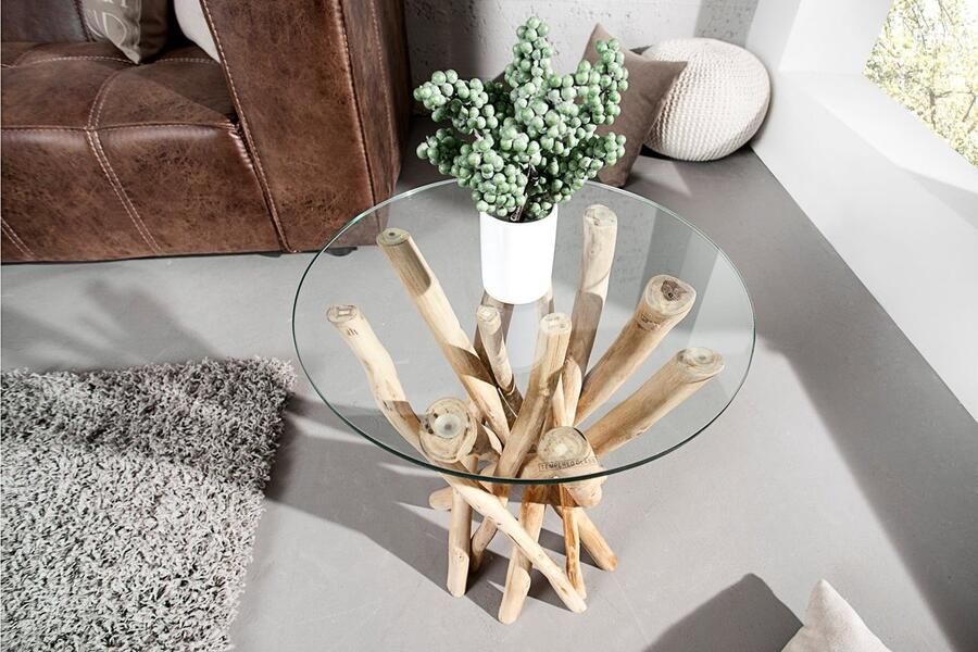 Invicta Interior Design Bijzettafel DRIFTWOOD 40cm Teak met glazen blad Ronde salontafel 19807 - Foto 3