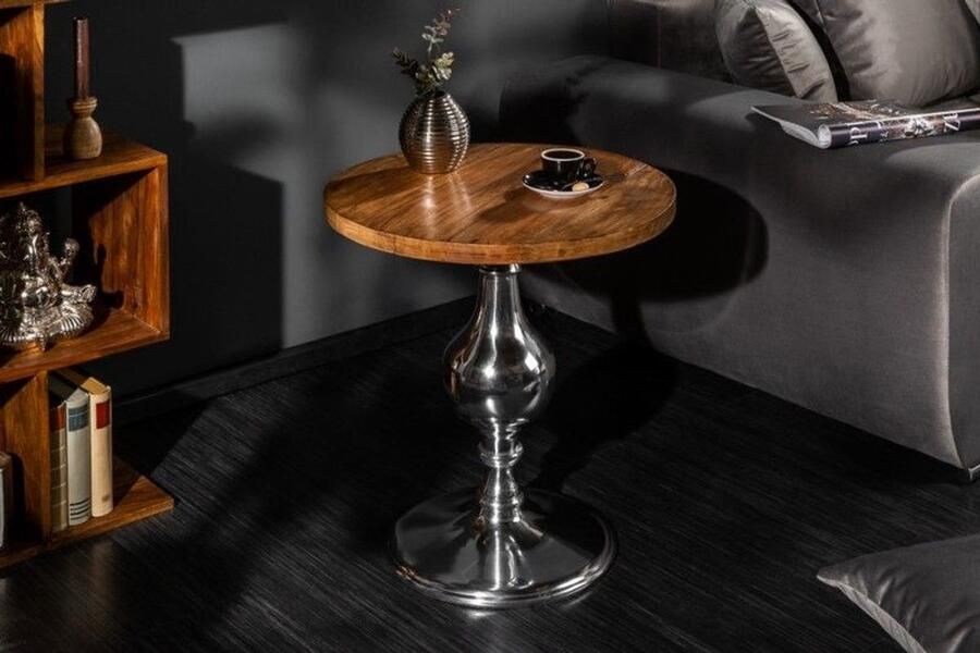 Invicta Interior Design bijzettafel EXTRAVAGANCIA 50cm massief mangohout ronde metalen kolomvoet zilver 39090